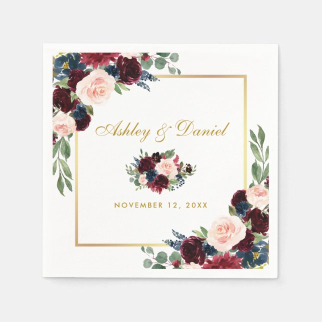 Wedding Watercolor Burgundy Blue Floral Gold White Napkin (Front)