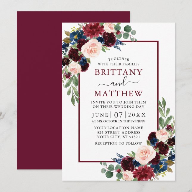 Wedding Watercolor Burgundy Blue Mixed Floral Invitation (Front/Back)