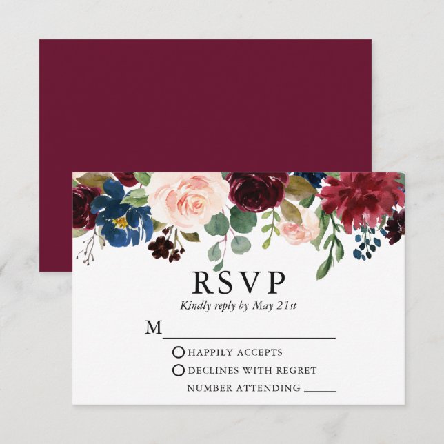 Wedding Watercolor Burgundy Blue Pink Floral RSVP  (Front/Back)