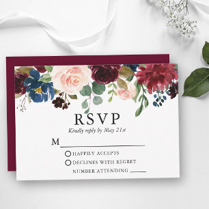 Wedding Watercolor Burgundy Blue Pink Floral RSVP Card