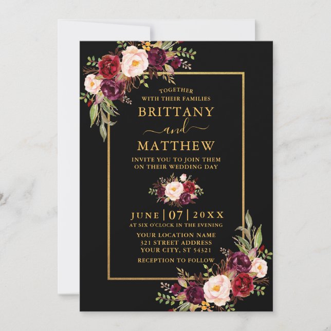 Wedding Watercolor Burgundy Floral Black Gold Invitation (Front)