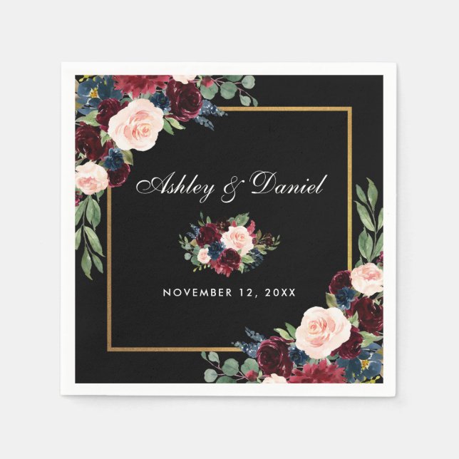 Wedding Watercolor Burgundy Floral Black Gold Napkin (Front)