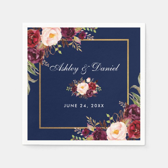 Wedding Watercolor Burgundy Floral Blue Napkin (Front)