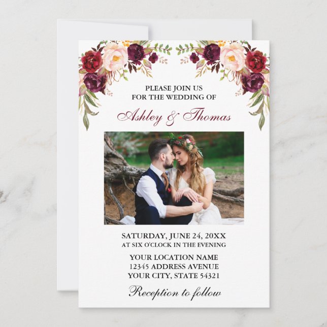 Wedding Watercolor Burgundy Floral Couple Photo  Invitation (Front)