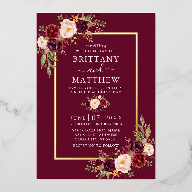 Wedding Watercolor Burgundy Floral Gold (Front)