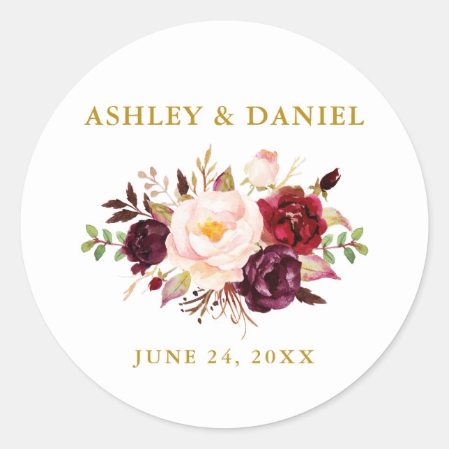 Wedding Watercolor Burgundy Floral Gold Classic Round Sticker (Front)