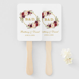 Wedding Watercolor Burgundy Floral Gold Hand Fan