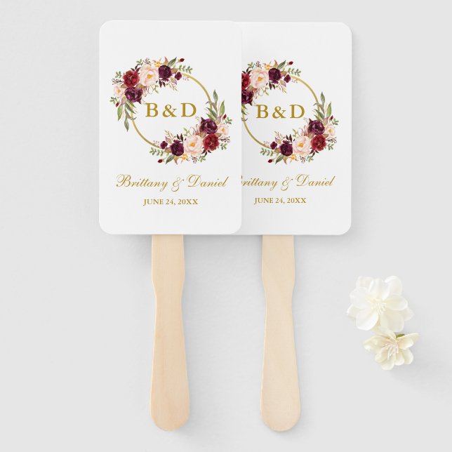 Wedding Watercolor Burgundy Floral Gold Hand Fan (Front and Back)