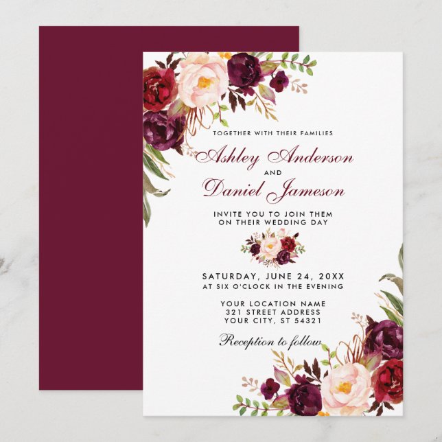 Wedding Watercolor Burgundy Floral Invitation (Front/Back)