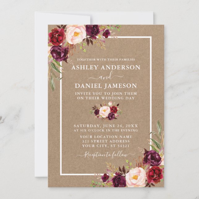 Wedding Watercolor Burgundy Floral Kraft Invitation (Front)