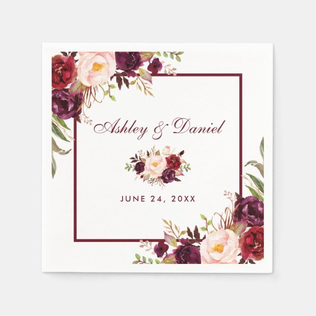 Wedding Watercolor Burgundy Floral Napkin (Front)