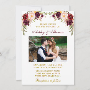 Wedding Watercolor Burgundy Floral Photo Gold Invitation