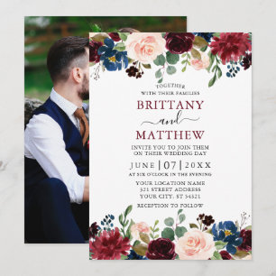 Wedding Watercolor Burgundy Mixed Floral Photo Invitation