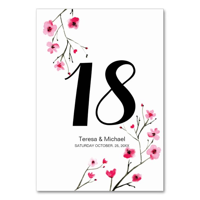 Wedding, watercolor cherry blossom, customisable table number (Front)
