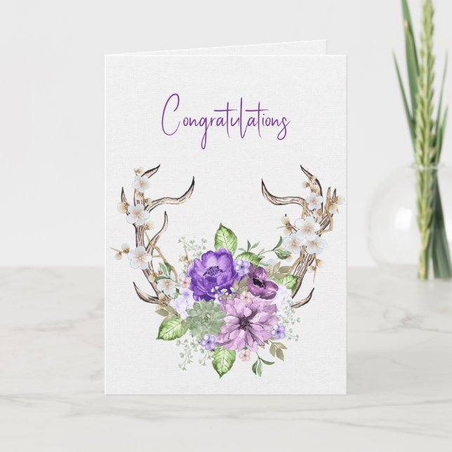 Wedding Watercolor Deer Antler Bouquet Card (Front)