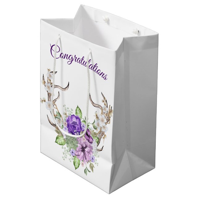 Wedding Watercolor Deer Antler Bouquet Medium Gift Bag (Front Angled)