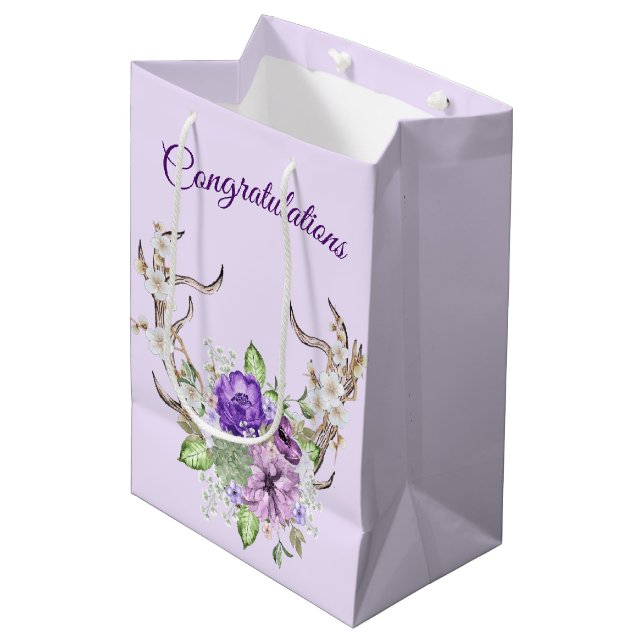 Wedding Watercolor Deer Antler Bouquet Medium Gift Bag (Front Angled)