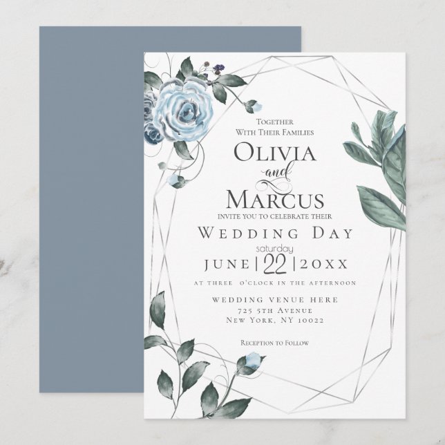 WEDDING | Watercolor Dusty Blue Floral Invitation (Front/Back)
