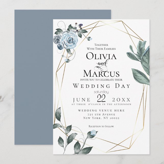 WEDDING | Watercolor Dusty Blue Floral Invitation (Front/Back)