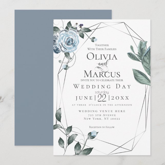 WEDDING | Watercolor Dusty Blue Floral Invitation (Front/Back)