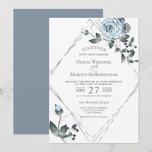 Wedding Watercolor Dusty Blue Floral Silver Frame Invitation