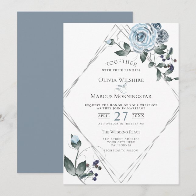 Wedding Watercolor Dusty Blue Floral Silver Frame Invitation (Front/Back)