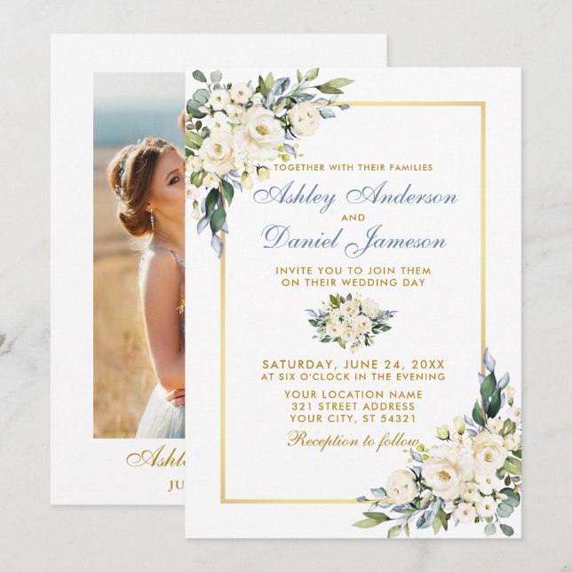 Wedding Watercolor Dusty Blue White Floral Photo Invitation (Front/Back)