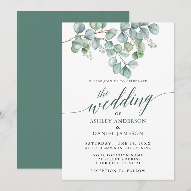 Wedding Watercolor Eucalyptus Greenery Calligraphy Invitation (Front/Back)