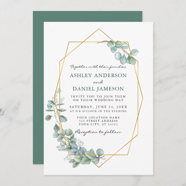 Wedding Watercolor Eucalyptus Greenery Gold Frame Invitation (Front/Back)