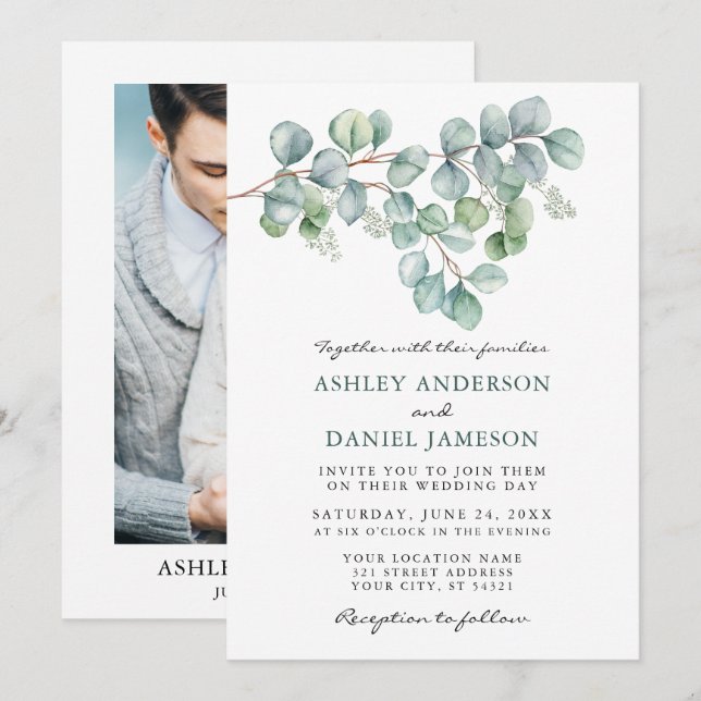 Wedding Watercolor Eucalyptus Greenery Photo Invitation (Front/Back)