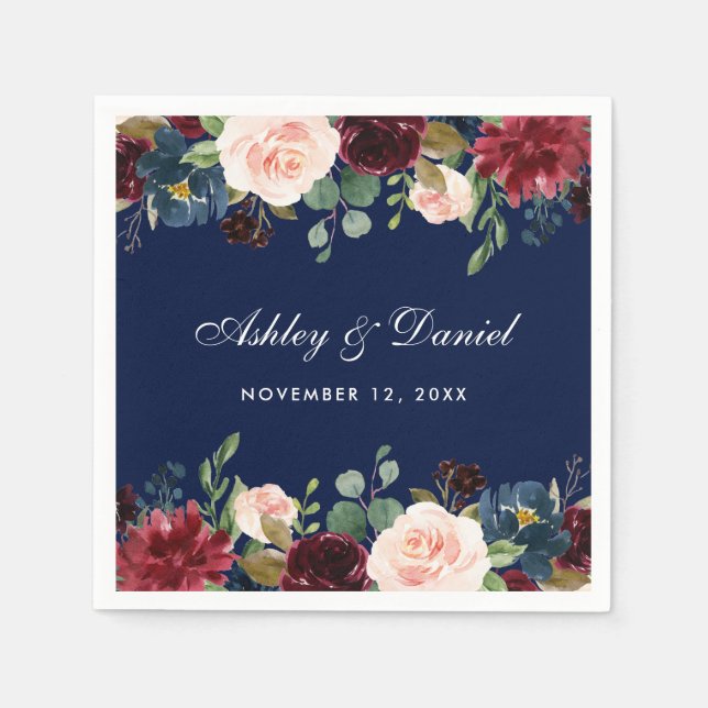 Wedding Watercolor Floral Burgundy Blue Napkin (Front)