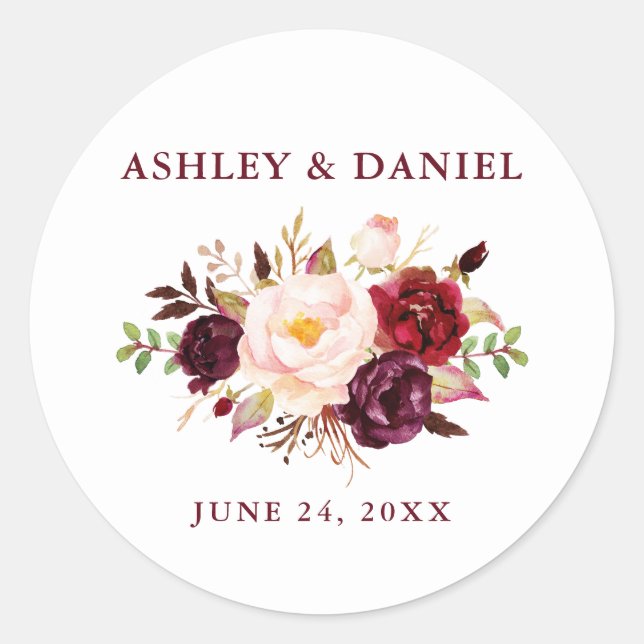 Wedding Watercolor Floral Burgundy Classic Round Sticker (Front)
