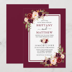 Wedding Watercolor Floral Burgundy Frame Invitation