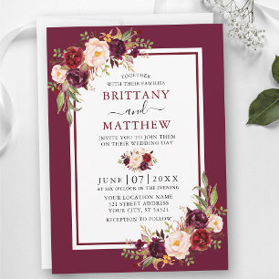 Wedding Watercolor Floral Burgundy Frame Invitation