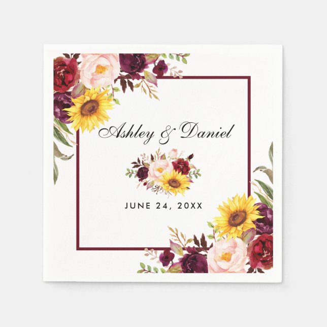Wedding Watercolor Floral Burgundy Frame Napkin (Front)