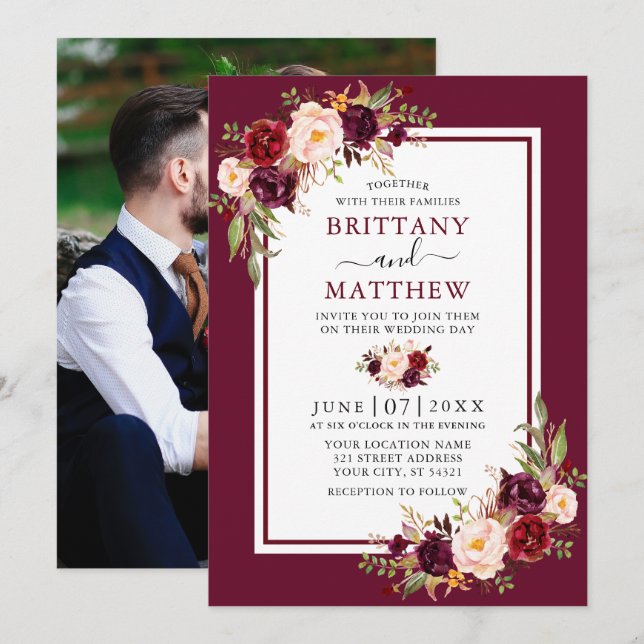Wedding Watercolor Floral Burgundy Frame Photo Invitation (Front/Back)