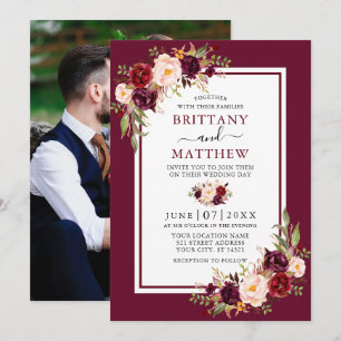 Wedding Watercolor Floral Burgundy Frame Photo Invitation