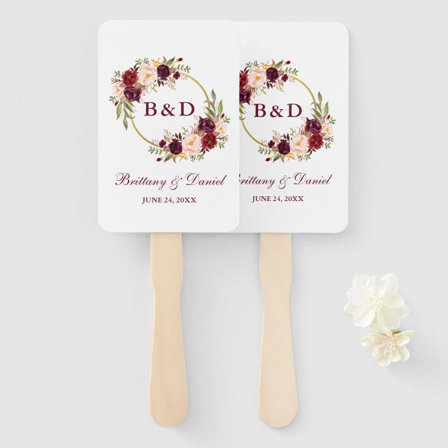 Wedding Watercolor Floral Burgundy Hand Fan (Front and Back)