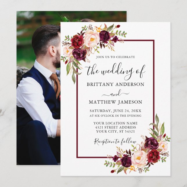 Wedding Watercolor Floral Burgundy Photo Invitation (Front/Back)