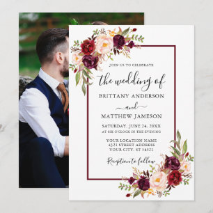 Wedding Watercolor Floral Burgundy Photo Invitation