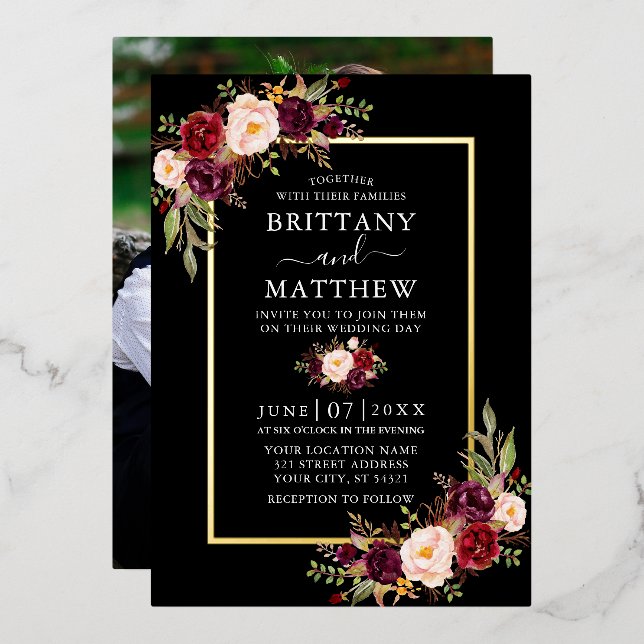 Wedding Watercolor Floral Photo Black Gold (Front/Back)