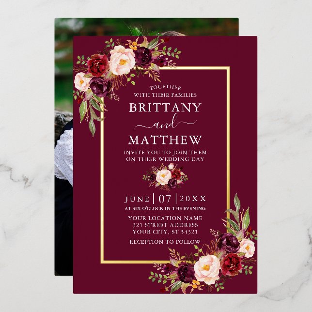 Wedding Watercolor Floral Photo Burgundy Gold (Front/Back)