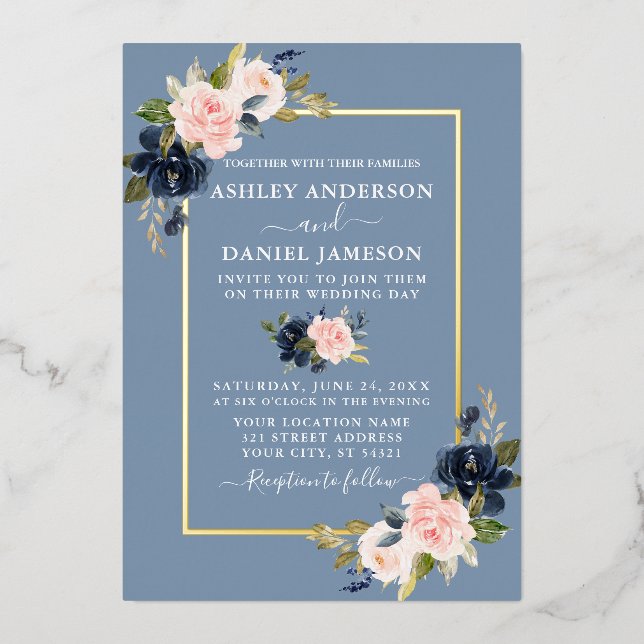 Wedding Watercolor Floral Pink Dusty Blue Gold (Front)