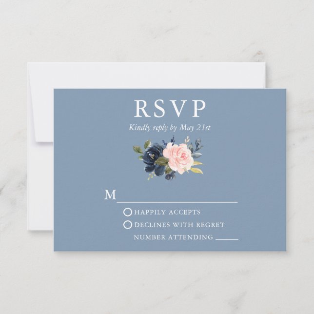 Wedding Watercolor Floral Pink Dusty Blue RSVP Card (Front)