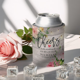 Wedding Watercolor Floral Rustic Wood String Light Can Cooler