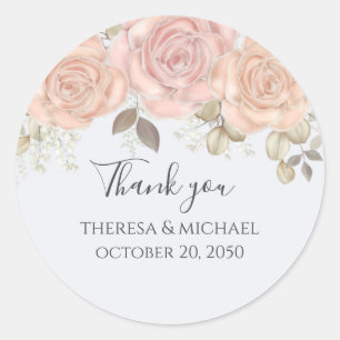 Wedding Watercolor Floral Thank You Rose Elegant Classic Round Sticker