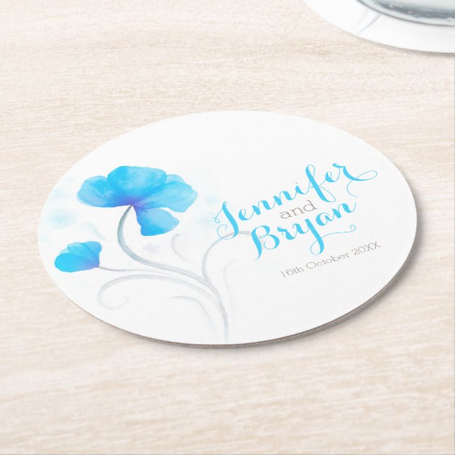Wedding watercolor flower blue paper coasters (Angled)