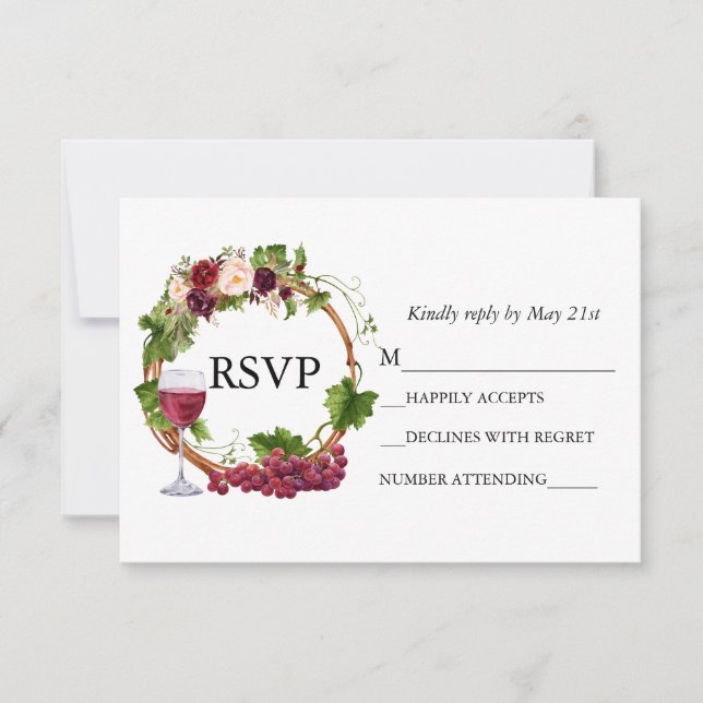 Wedding Watercolor Grape Vines Floral Wreath RSVP Card (Front)