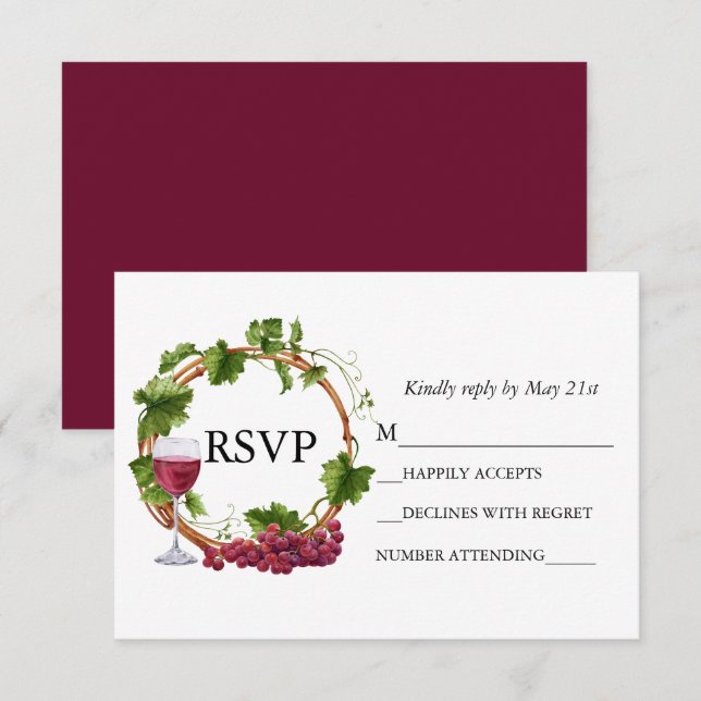 Wedding Watercolor Grape Vines Wreath Burgundy RSVP Card (Front/Back)