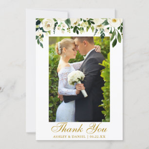 Wedding Watercolor Green White Floral Photo Gold Thank You Card